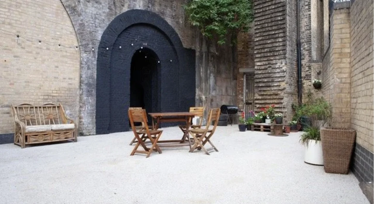 Open brick courtyard at the London photography studio